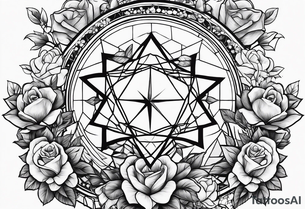 Tesseract with a field of roses and stars around it tattoo idea
