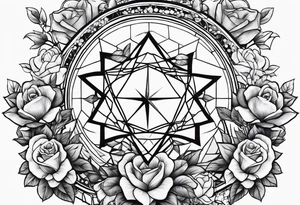 Tesseract with a field of roses and stars around it tattoo idea