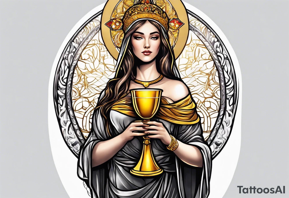 woman saint holding chalice surrounded by golden halo tattoo idea
