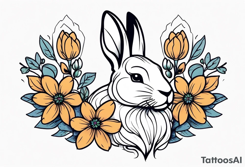 Rabbit head and flowers tattoo idea