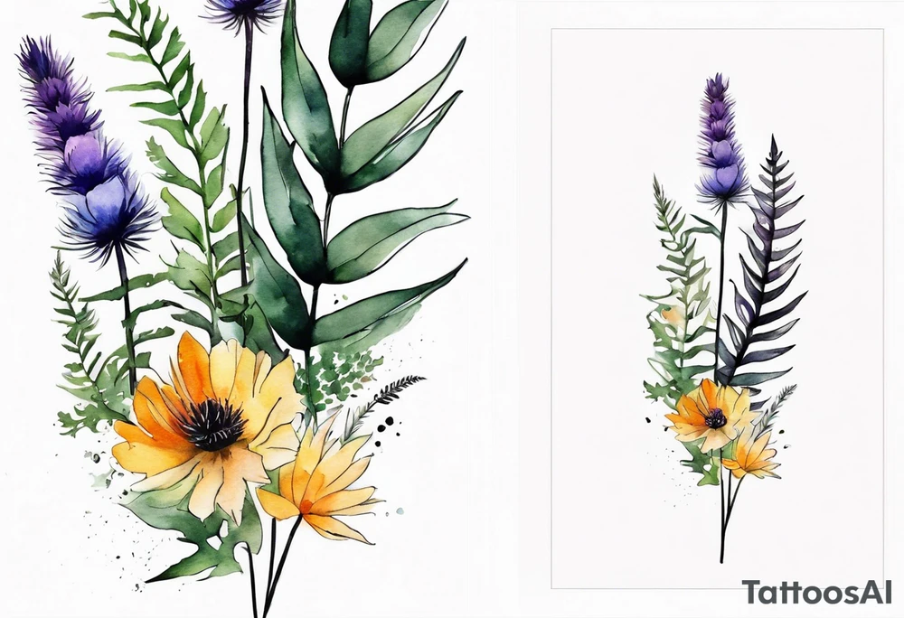 vertical mixed wildflower bouquet with ferns, thistle and with watercolor tattoo idea