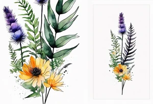 vertical mixed wildflower bouquet with ferns, thistle and with watercolor tattoo idea