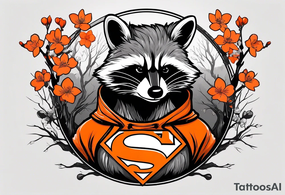 Raccoon wearing a white Superman logo on a black hoodie and orange Japanese cherry blossoms tattoo idea