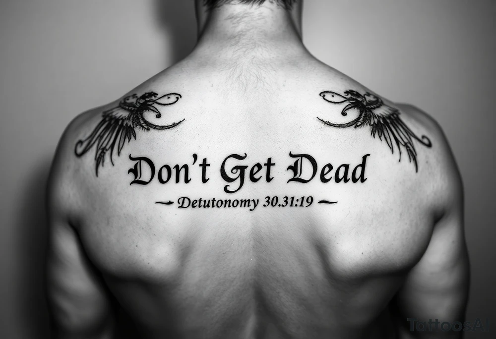 I want a cool design that includes the words “Don’t Get Dead” and includes the scripture reference Deuteronomy 30:19. Also I want something representing each of the 4 members of my family. tattoo idea