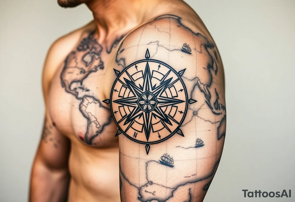 antique compass rose overlaid on weathered world map with sailing ships tattoo idea