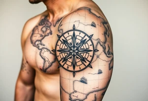 antique compass rose overlaid on weathered world map with sailing ships tattoo idea