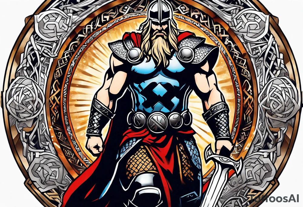 Thor with Viking runes in the background as a vignette tattoo idea