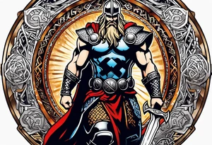Thor with Viking runes in the background as a vignette tattoo idea