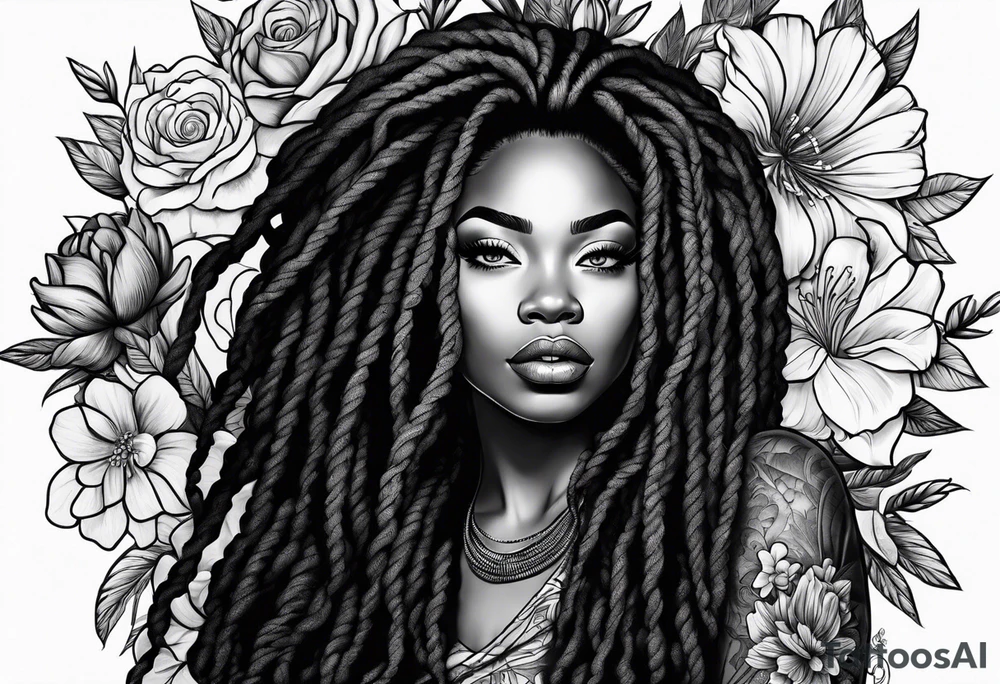 Black woman with locs and flowers tattoo idea