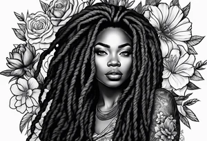 Black woman with locs and flowers tattoo idea