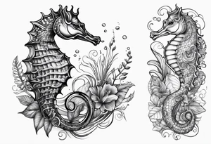 Seahorse in ocean arm tattoo with plants and sea life tattoo idea