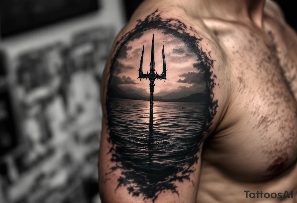 trident half way under calm water at sunset tattoo idea
