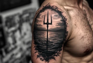 trident half way under calm water at sunset tattoo idea