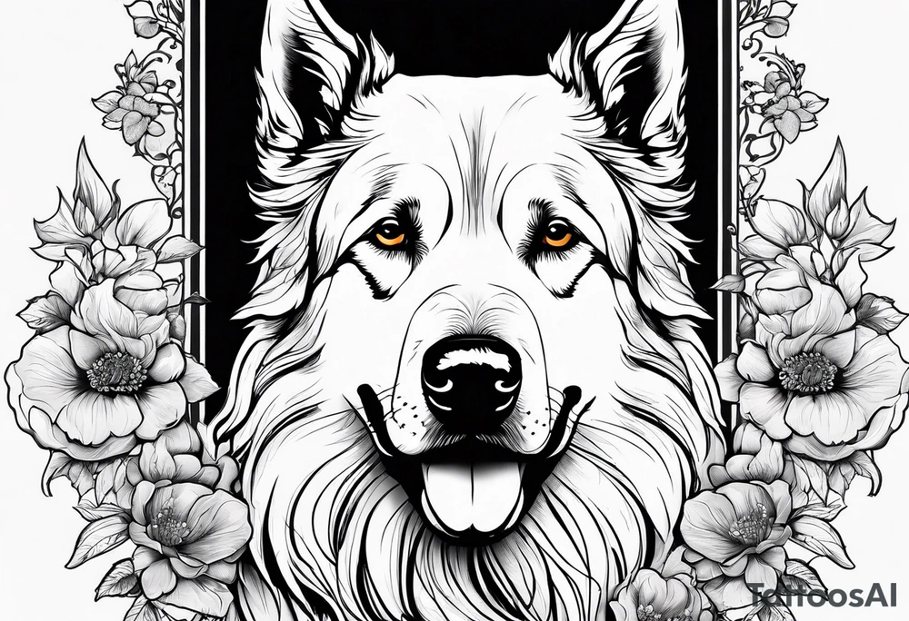 “Odin” in script cursive with April birth flowers placed nicely through it and a dogs nose print at the end tattoo idea