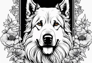 “Odin” in script cursive with April birth flowers placed nicely through it and a dogs nose print at the end tattoo idea