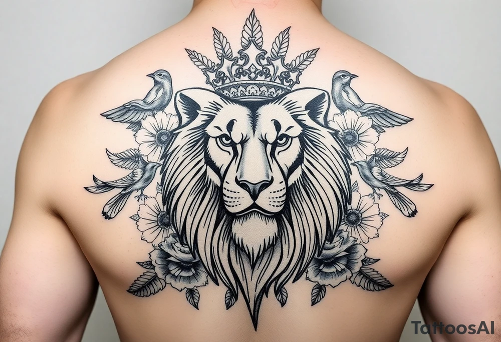 powerful majestic lion with a crown, surrounded by floral ornaments and birds tattoo idea