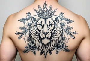 powerful majestic lion with a crown, surrounded by floral ornaments and birds tattoo idea