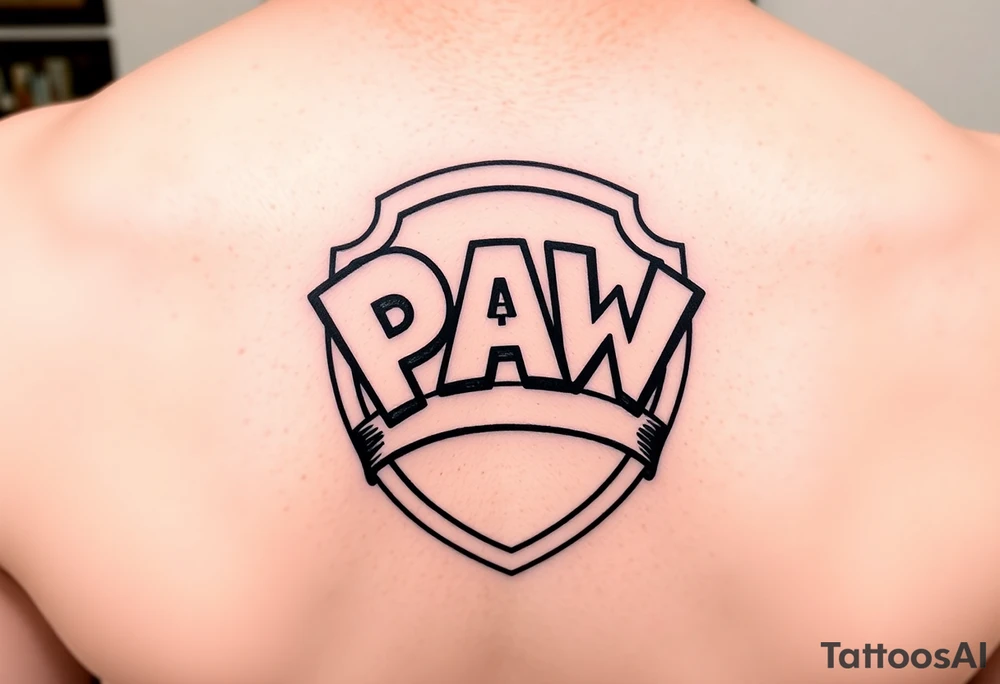 Paw patrol badge with letters  K M C wrapped stacked offset around it tattoo idea