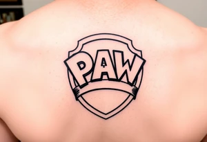 Paw patrol badge with letters  K M C wrapped stacked offset around it tattoo idea