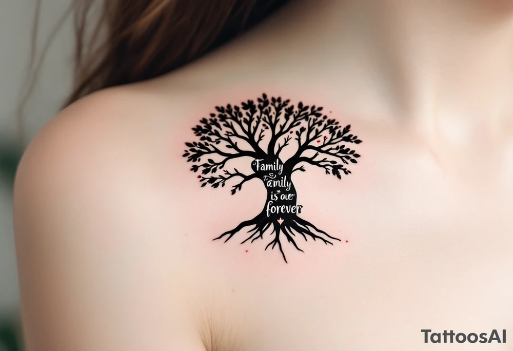 Tree shaped like a human silhouette, trunk forming the body, branches as arms. Names spiraling up the limbs, roots forming “Family is forever” in script. Black and gray realism with subtle red accents. tattoo idea
