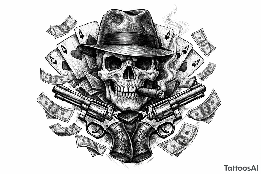 Skull in fedora, cigar, crossed revolvers, flying cards, falling money. tattoo idea