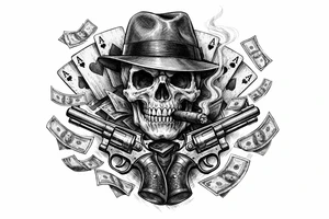 Skull in fedora, cigar, crossed revolvers, flying cards, falling money. tattoo idea
