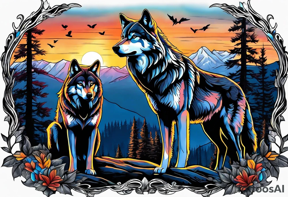 Wolves spouses
Dark woods
Mountains
Sunset tattoo idea