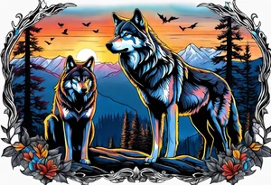 Wolves spouses
Dark woods
Mountains
Sunset tattoo idea
