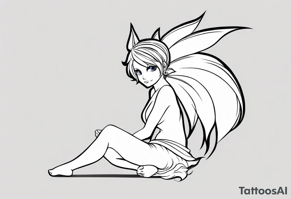 No color fairy with a tail inspired by the logo of the show called Fairy Tail in a fetal position leaning in and forward tattoo idea