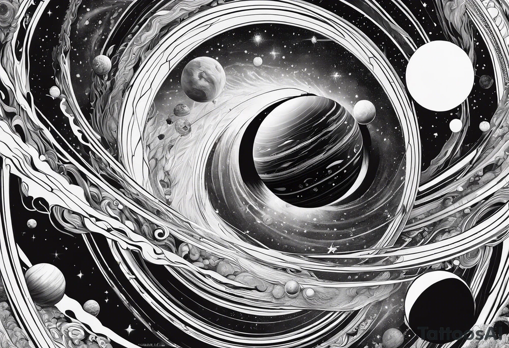 planets falling into a spiraling black hole tattoo idea