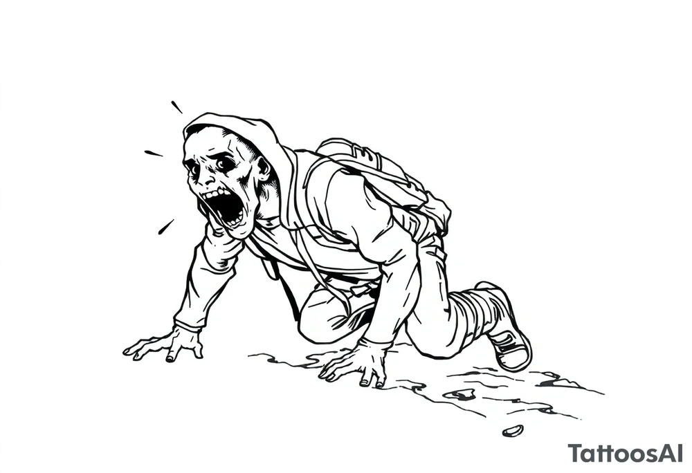 Confusion and pressure in thin lines on screaming solo traveler with no face with his body parts left on the path he’s crawling tattoo idea
