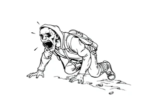 Confusion and pressure in thin lines on screaming solo traveler with no face with his body parts left on the path he’s crawling tattoo idea
