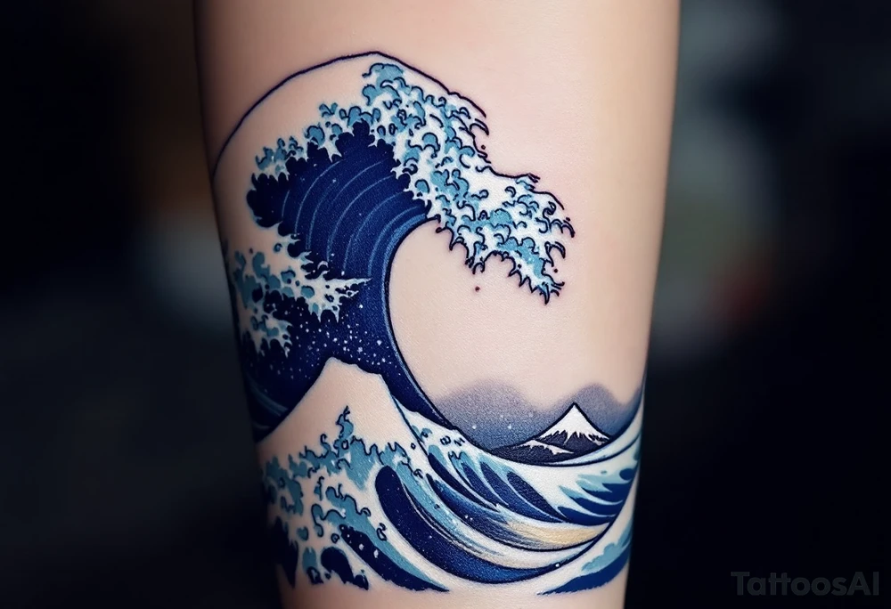 traditional Japanese wave in deep navy with white crests curling into a stylized spiral. tattoo idea