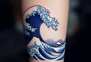 traditional Japanese wave in deep navy with white crests curling into a stylized spiral. tattoo idea