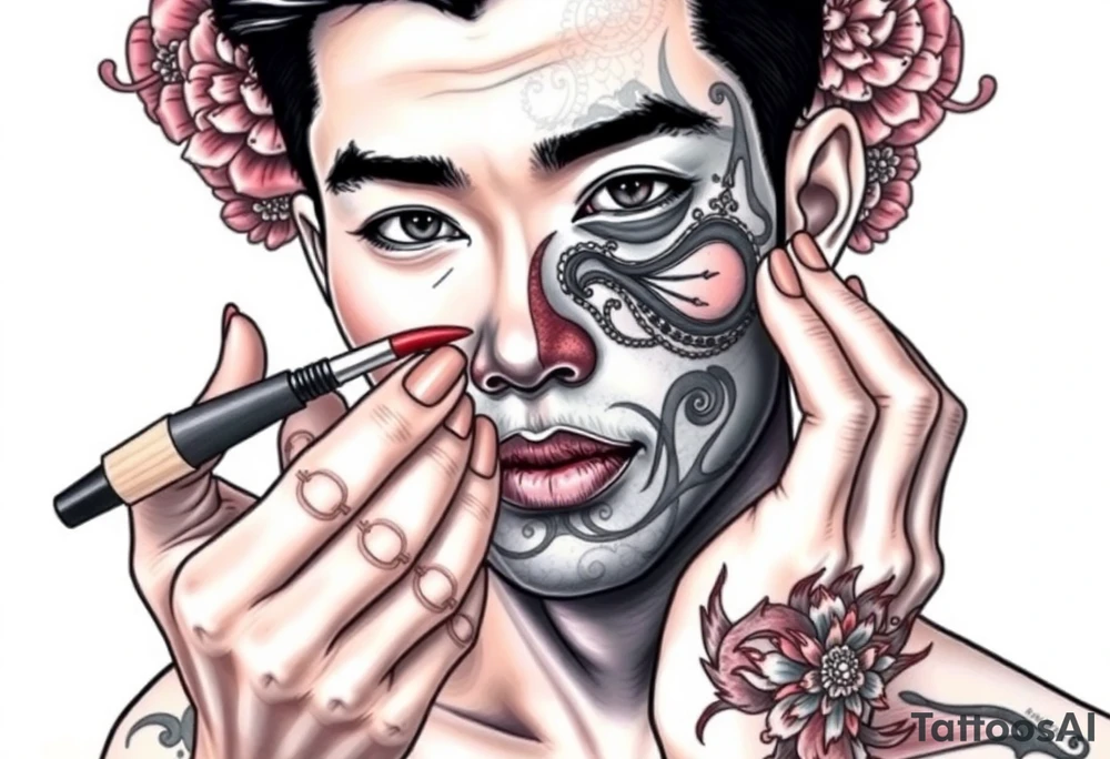 Handsome Asian young guy is putting ritual make up on tattoo idea