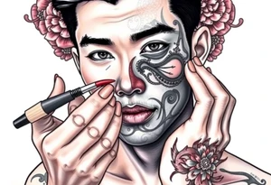 Handsome Asian young guy is putting ritual make up on tattoo idea