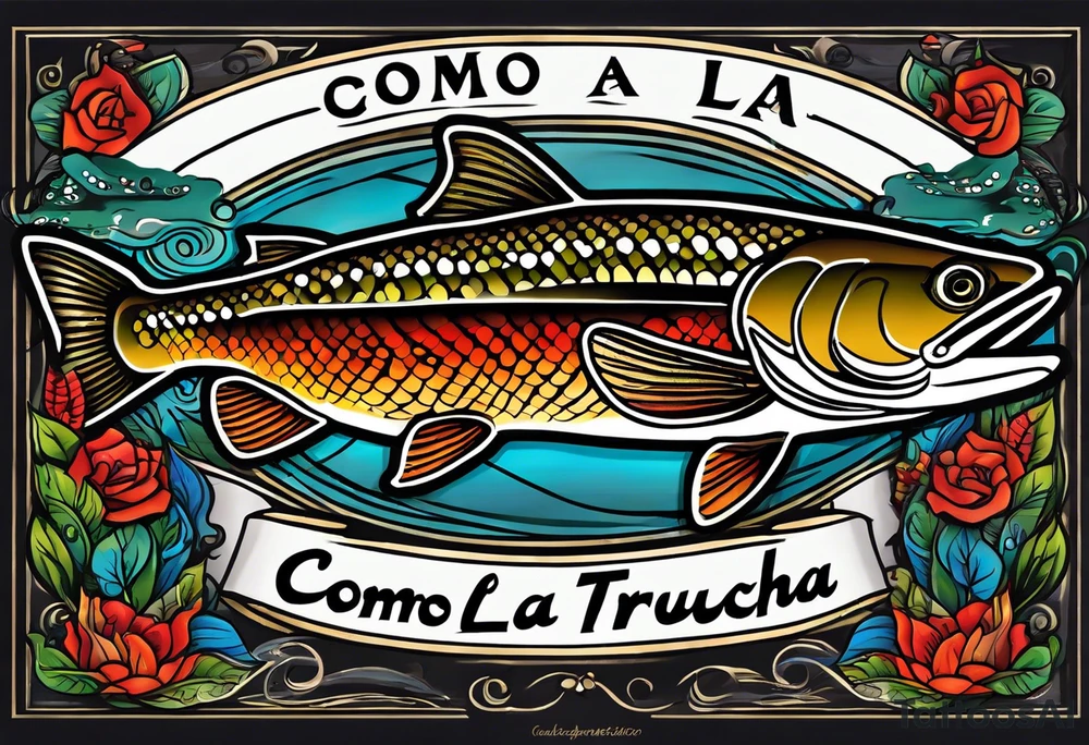 A small tattoo with a shaded trout and text that says, 'Como la trucha...' drawn with fine lines." tattoo idea