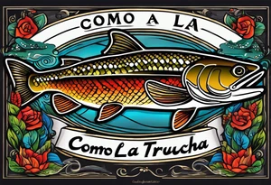 A small tattoo with a shaded trout and text that says, 'Como la trucha...' drawn with fine lines." tattoo idea