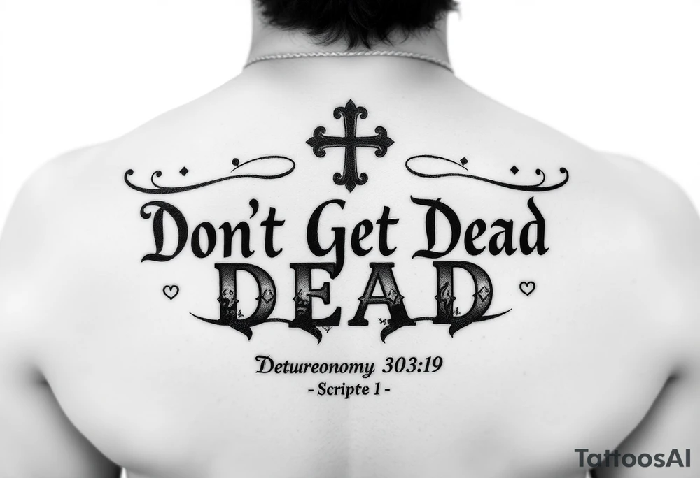 I want a cool design that includes the words “Don’t Get Dead” and includes the scripture reference Deuteronomy 30:19. Also I want something representing each of the 4 members of my family. tattoo idea