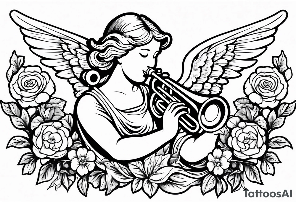 angel with trumpet
old school vintage simple traditional design with vintage flowers surrounding it tattoo idea