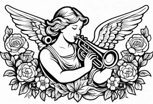 angel with trumpet
old school vintage simple traditional design with vintage flowers surrounding it tattoo idea