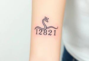 I want a small simple silhouette lines black and white wrist princess like girl snake tattoo that has number 12821 on its body along and also I want it to represent feminine energy crown queen Cycle tattoo idea