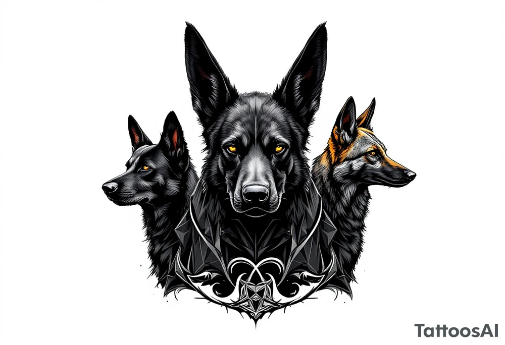 a creature that looks strongly like Anubis, plus a black Labrador and a black German Shepard, with the tall pointy ears of a jackal, looking back, serious and daring tattoo idea