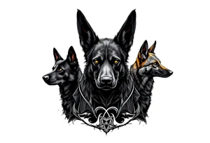 a creature that looks strongly like Anubis, plus a black Labrador and a black German Shepard, with the tall pointy ears of a jackal, looking back, serious and daring tattoo idea