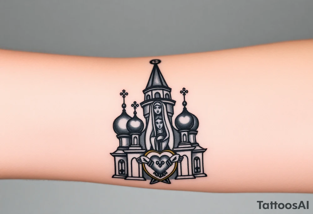 Russian Orthodox church with orthodox spire crosses, with clouds above it and a virgin mary seperately looking over hands on heart sat above tattoo idea