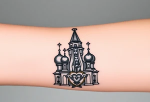 Russian Orthodox church with orthodox spire crosses, with clouds above it and a virgin mary seperately looking over hands on heart sat above tattoo idea