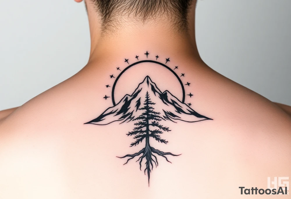 sun, moon, stars, mountain, tree
太陽、月、星、木 tattoo idea