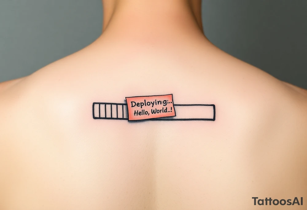 "Funny tattoo of a loading bar stuck at 99% with the text 'Deploying...'"

"Tattoo of a cute robot with the text 'Hello, World!'"

"Tattoo of a bug with a red 'FIX ME' sticky note on it"

"Tattoo of coffee cup with 'while (!asleep) { code(); }'"

"Tattoo of a 404 Error: Tattoo Not Found" tattoo idea