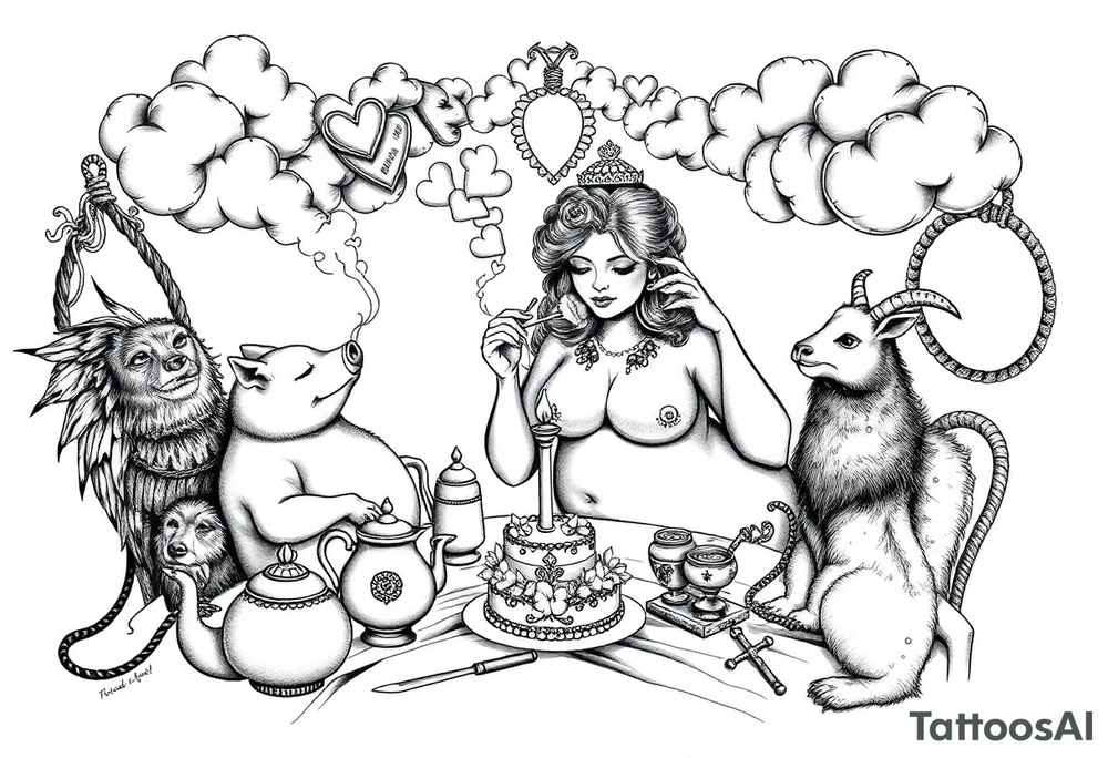 Storm clouds gothic sexy naked fat lady having a tea party with tea pots and 
with a pig, peacock, noose, lion, goat, smoking cigerettes looking in the mirror having sex with a man eating a cake thru storm clouds with knife and broken hearts and darkness and wrath, envy , gluttony, greed, sloth, pride kill tattoo idea