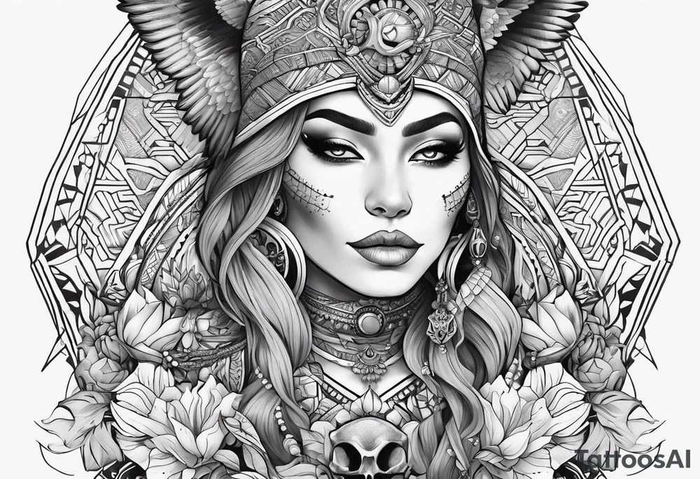 kali ma, alien goddess, valkrye, aries, pirate, divine feminine, zenza resonance, pachamama, lotus azul, blank panther, eagle, skull, 5D, nueva gaya, dna 12 tattoo idea